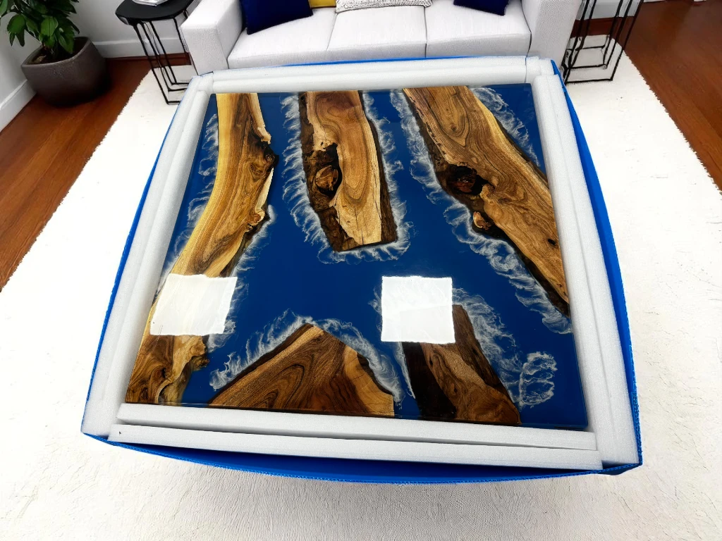 Square Sofa Table with Blue Resin River – Custom Wood Design